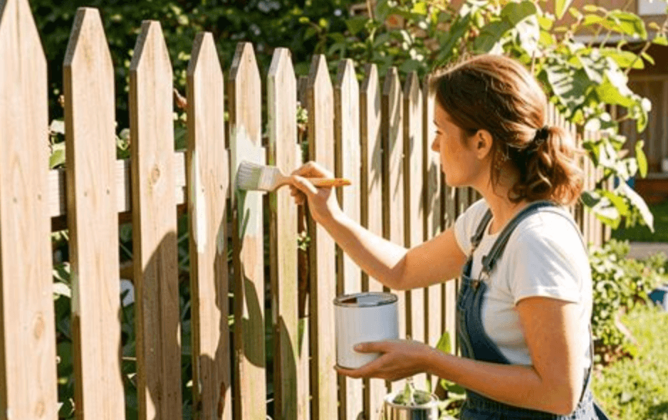 Woman paints a garden fence